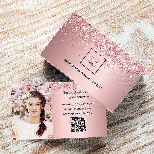 Blush pink photo QR code glitter dust female Business Card