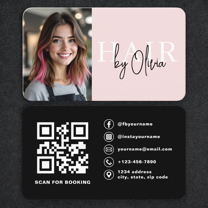 Blush Pink Photo QR Code Hair Stylist Business Card