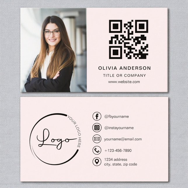 Blush Pink Photo QR Code Social Media Business Card (Creator Uploaded)