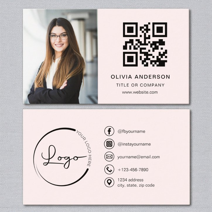 Blush Pink Photo QR Code Social Media Business Card