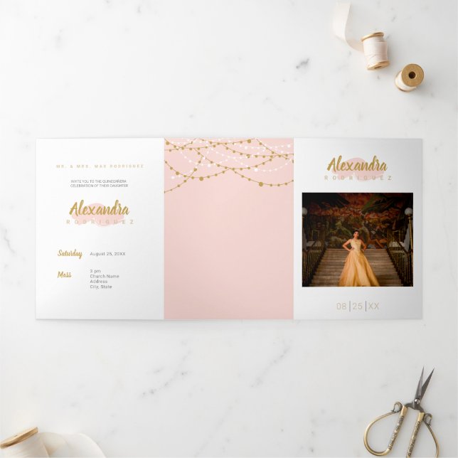 Blush Pink Photo Quinceanera Tri-Fold Invitation (Outside)