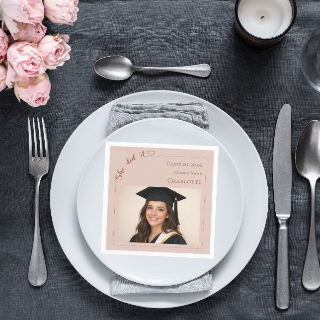 Blush pink photo She did it Graduation Party Napkins (Creator Uploaded)