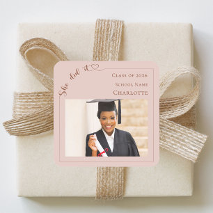 Blush pink photo She did it Graduation Party Square Sticker