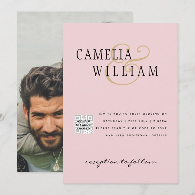 Blush PINK Photo Wedding Invite QR Code Save Date (Front/Back)
