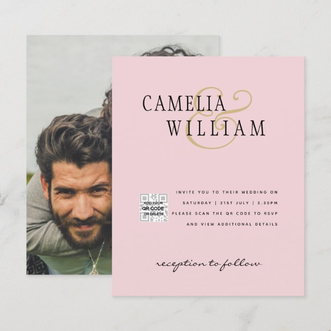 Blush PINK Photo Wedding Invite QR Code Save Date (Front/Back)