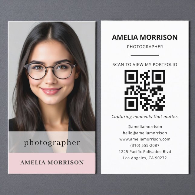 Blush Pink Photographer QR Code Photo Modern Business Card (Creator Uploaded)