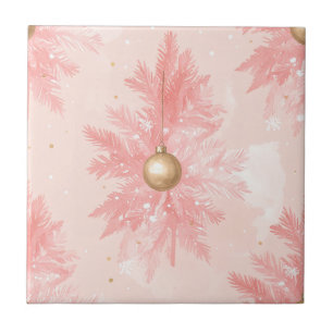 Blush Pink Pine and Gold Bauble Christmas Ceramic Tile