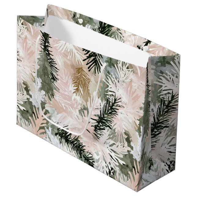 Blush Pink Pine Green Christmas Trees Large Gift Bag (Front Angled)