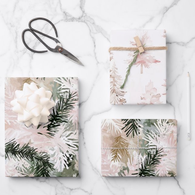 Blush Pink Pine Green Christmas Trees Wrapping Paper Sheets (Front)