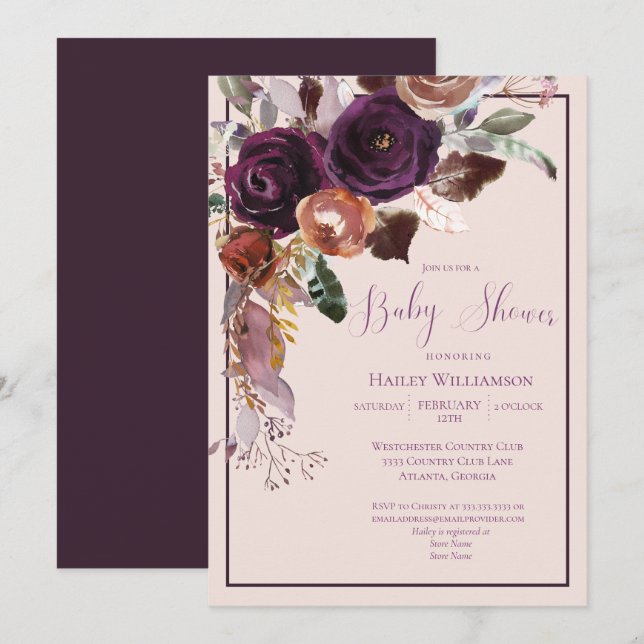 Blush Pink, Plum and Gold Baby Shower Invitation (Front/Back)
