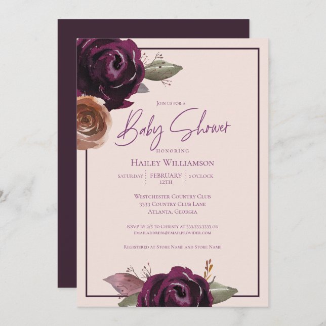 Blush Pink, Plum, Purple and Gold Baby Shower Invitation (Front/Back)