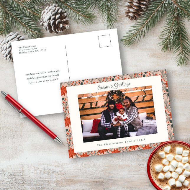 Blush Pink Poinsettia Christmas Photo Postcard (Poinsettia Season Photo Christmas Postcard blush pink)