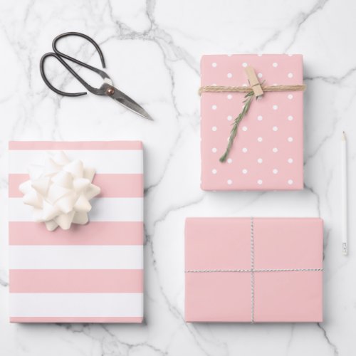 Blush Pink Polka Dot Wide Striped and Solid  Wrapping Paper Sheets