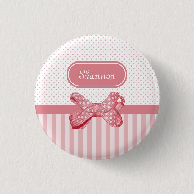 Blush Pink Polka Dot With Stripe Bow Design  Button (Front)
