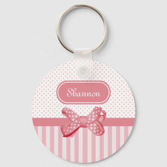 Blush Pink Polka Dot With Stripe Bow Design  Keychain (Front)