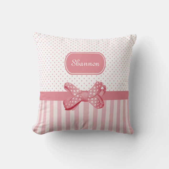 Blush Pink Polka Dot With Stripe Bow Design  Throw Pillow (Front)