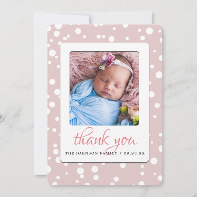 Blush Pink Polka Dots Birth Announcement Thank You (Front)