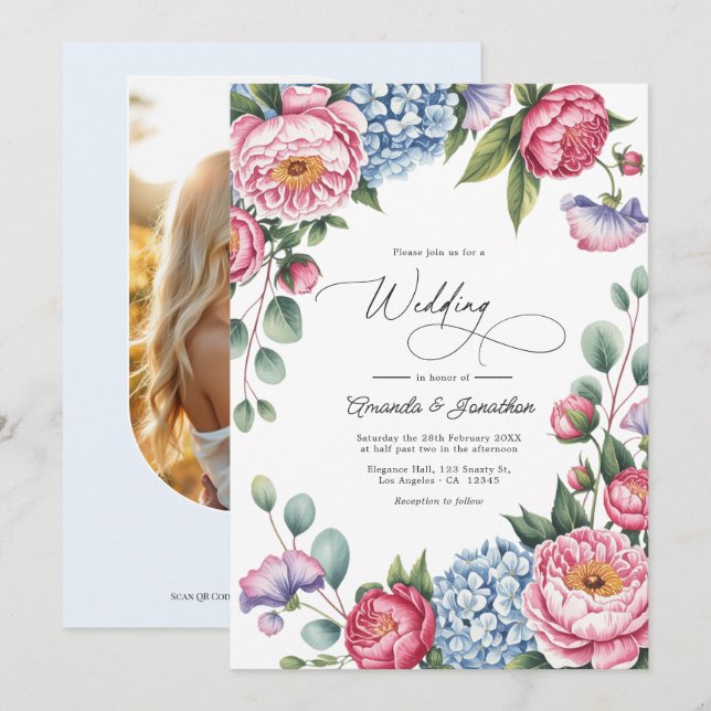 Blush Pink, Powder Blue & Lavender Floral Wedding Invitation (Front/Back)