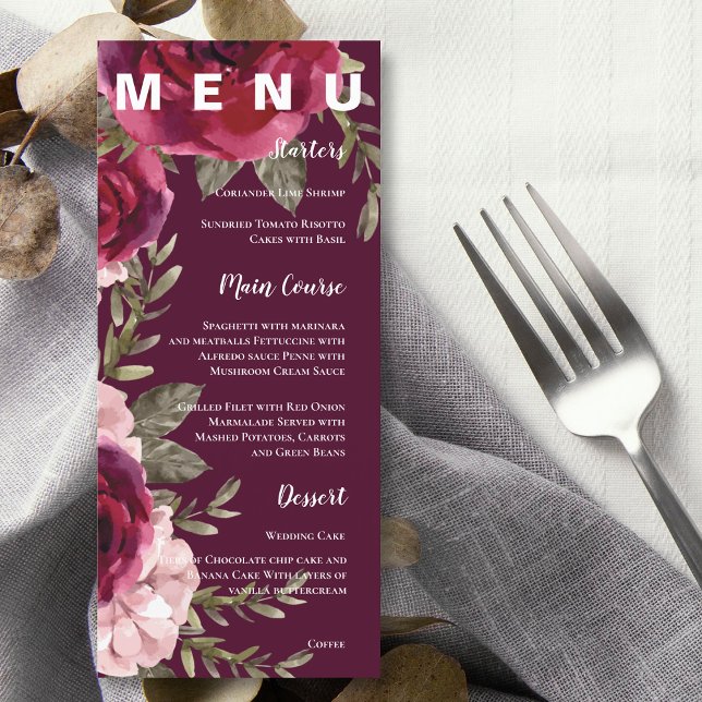Blush Pink Pretty Burgundy Floral Wedding Party Menu (Blush Pink Pretty Burgundy Floral Wedding Party Menu)