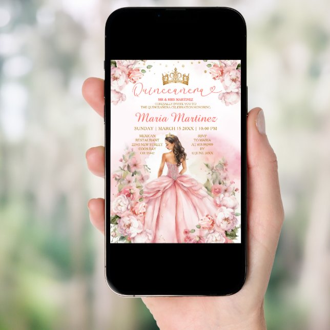 Blush Pink Princess Dress Floral Gold Mis Quince Invitation (Front Digital)