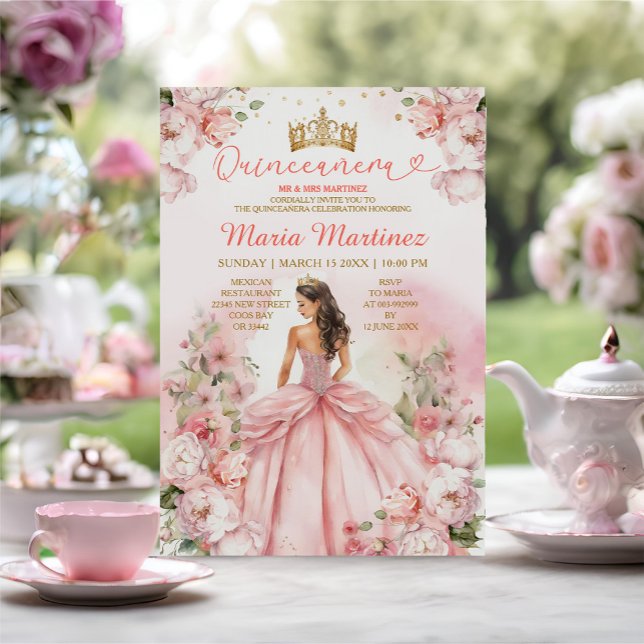 Blush Pink Princess Dress Floral Gold Mis Quince Invitation (Creator Uploaded)