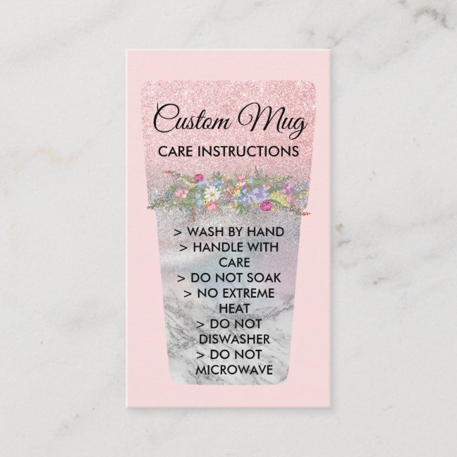 Blush Pink Printed Mug Tumbler Care Instructions Business Card