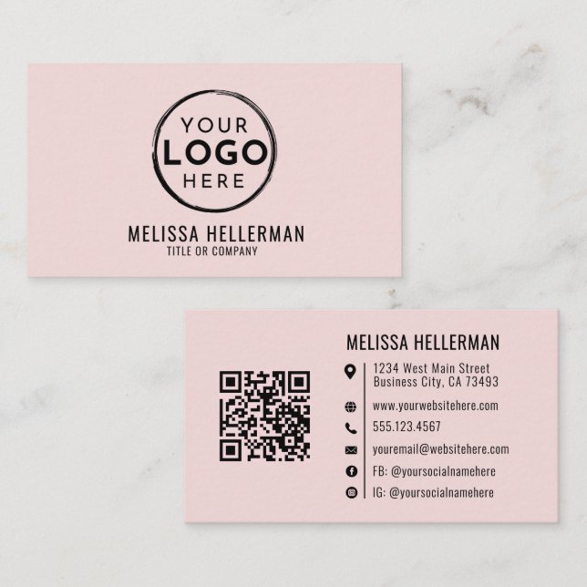 Blush Pink Professional Logo QR Code Business Card (Front/Back)