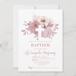 Blush Pink Pumpkin Baptism Cross Invitation