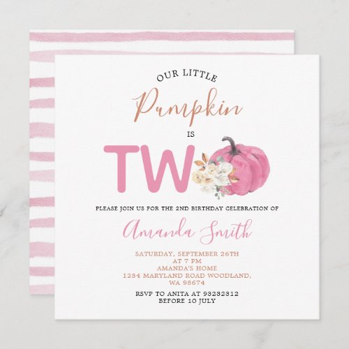 Blush Pink Pumpkin Is Two Birthday Floral Invitation