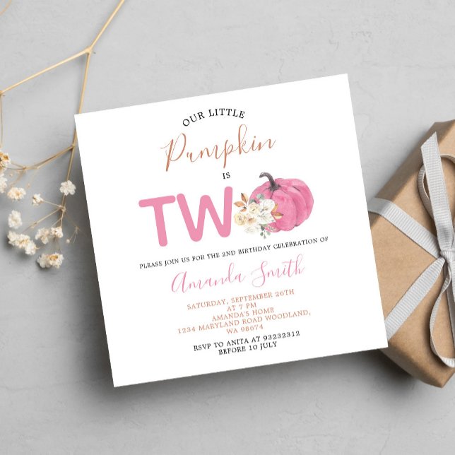 Blush Pink Pumpkin Is Two Birthday Floral Invitation (Creator Uploaded)