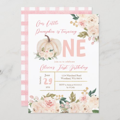 Blush Pink Pumpkin Turning One Birthday Invitation