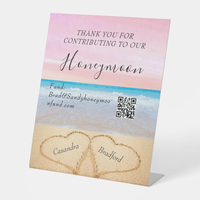 Blush Pink Purp Beach Wedding 2 Hearts in the Sand Pedestal Sign (Front)