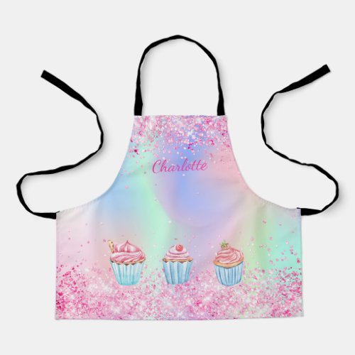 Blush pink purple baking glitter cupcakes name apron