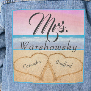 Blush Pink Purple Beach Wedding 2 Hearts in Sand Denim Jacket