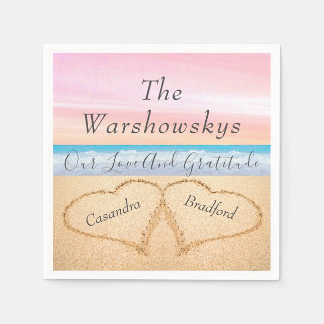 Blush Pink Purple  Beach Wedding 2 Hearts in Sand Napkins (Front)