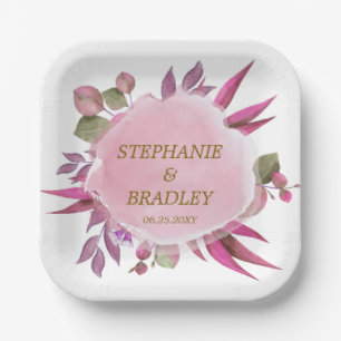 Blush Pink Purple Botanical Elegant Modern Wedding Paper Plates