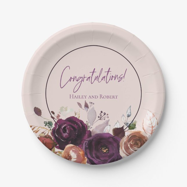 Blush Pink Purple Burgundy Floral Paper Plates (Front)