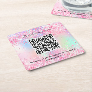 Blush pink purple business salon name qr code square paper coaster