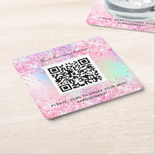 Blush pink purple business salon name qr code  square paper coaster