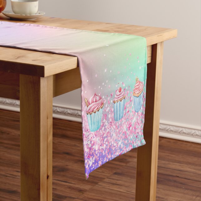 Blush pink purple cupcakes holographic short table runner (In Situ)