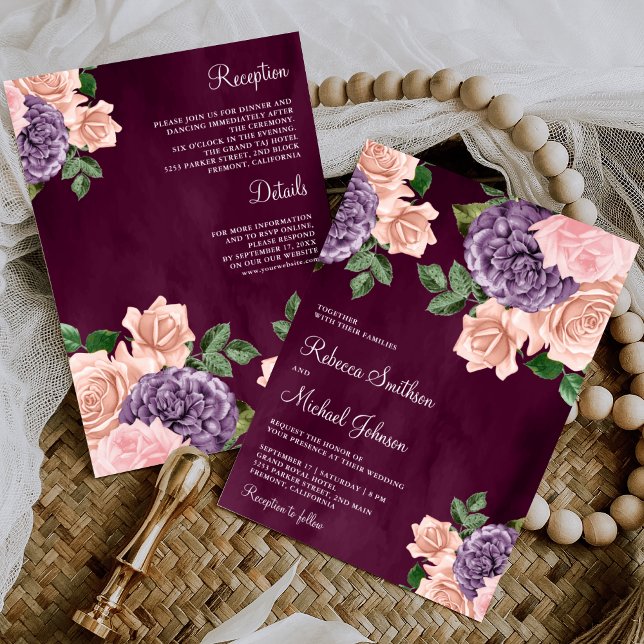 Blush Pink Purple Floral All in One Plum Wedding Invitation (Creator Uploaded)