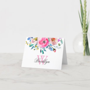 Blush Pink Purple Floral Botanical Monogrammed Letterpress Thank You Card