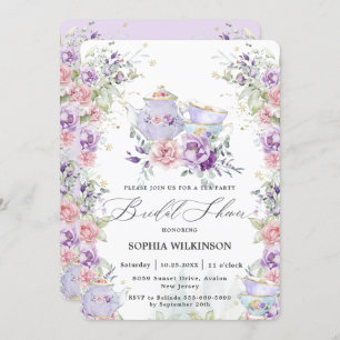 Blush Pink Purple Floral Bridal Shower Tea Party Invitation