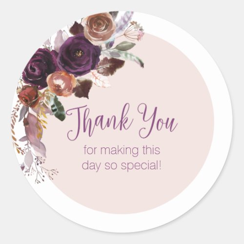Blush Pink Purple Floral Calligraphy Thank You Classic Round Sticker