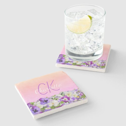 Blush pink purple floral name script stone coaster