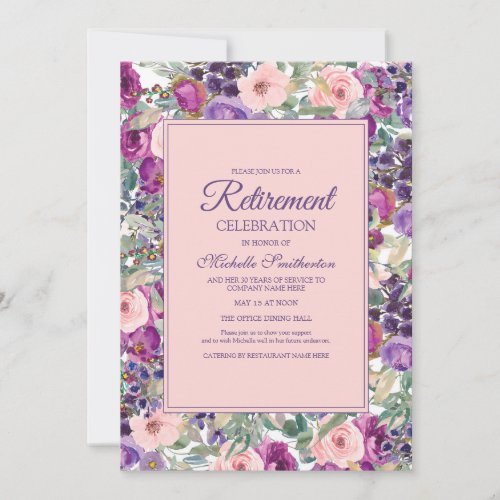 Blush Pink Purple Floral Retirement Party Invitation