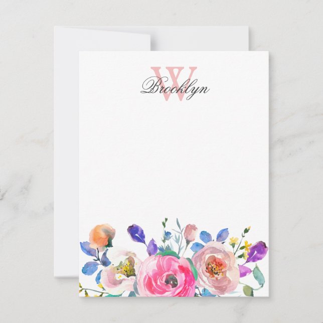 Blush Pink Purple Floral Teal Leaves Monogrammed Note Card (Front)