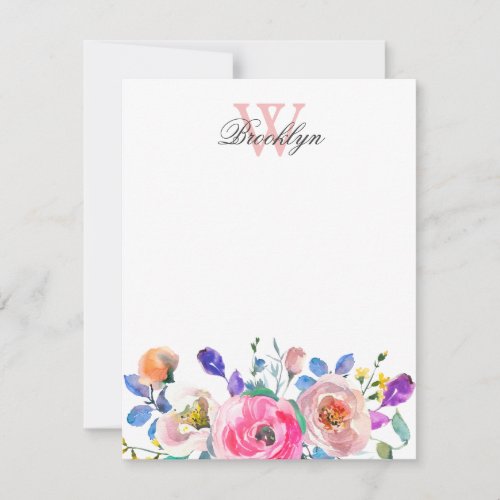 Blush Pink Purple Floral Teal Leaves Monogrammed Note Card