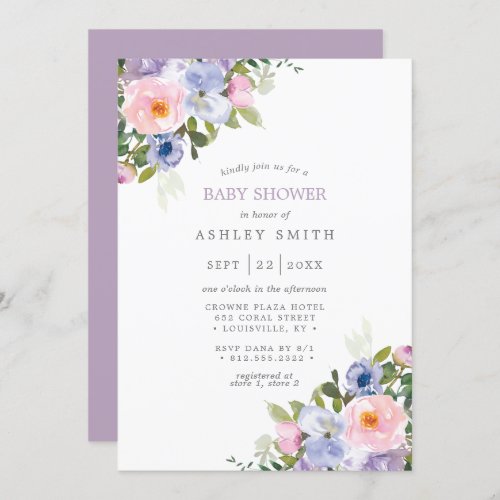 Baby Shower Invitations 4 Blush Pink Purple Floral Watercolor Baby Shower Invitation