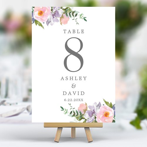 Blush Pink Purple Floral Watercolor Wedding Table Number